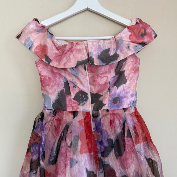 asos petite floral organza off shoulder wedding guest pink homecoming dress 2 - Picture 6 of 8